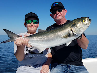 Ray and Aaron Sutherland showing off their big Bluefish caught in the Pamlico Sound.