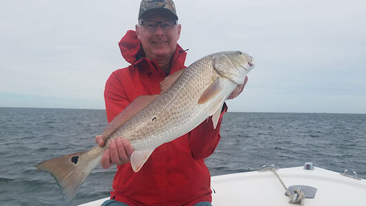 Angler holding a big Redfish.